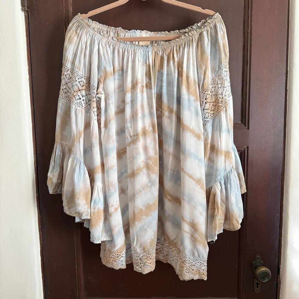 SURF GYPSY | Brown and Blue Swim Cover Up Dress Off Shoulder Bell Sleeves Small